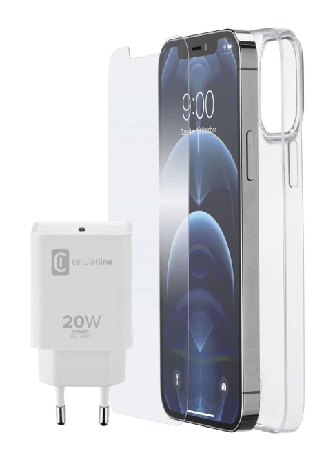 CELLULAR LINE 413933 Σετ Start Kit Φορτιστής Σπιτιού 20W/Θήκη Σιλικόνης/Γυαλί προστασίας για iPhone 12 Pro Max (49902)