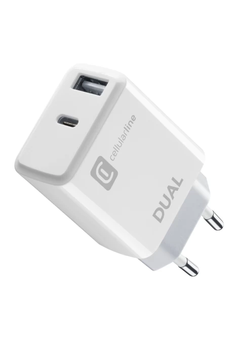 CELLULAR LINE 414091 Φορτιστής Σπιτιού Dual Charger με Θύρα USB-A και Type-C 20W Λευκός (49915)