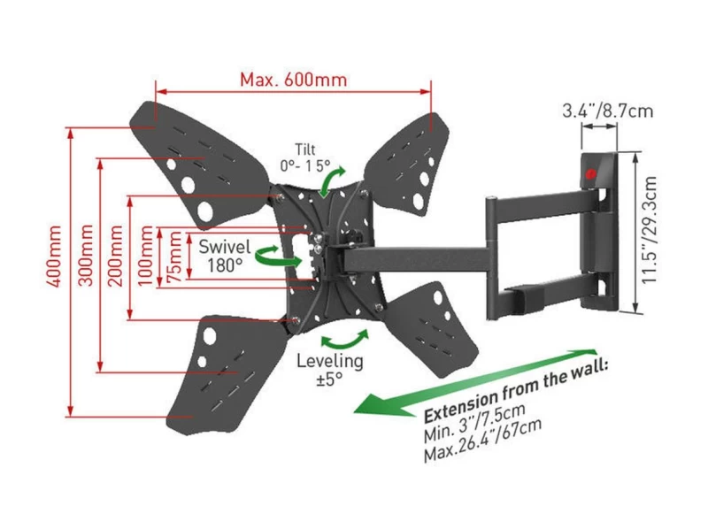 Barkan 3400L.B Βάση Τηλεόρασης Τοίχου 13'' - 83'' με Βραχίονα και Κλίση (950028)