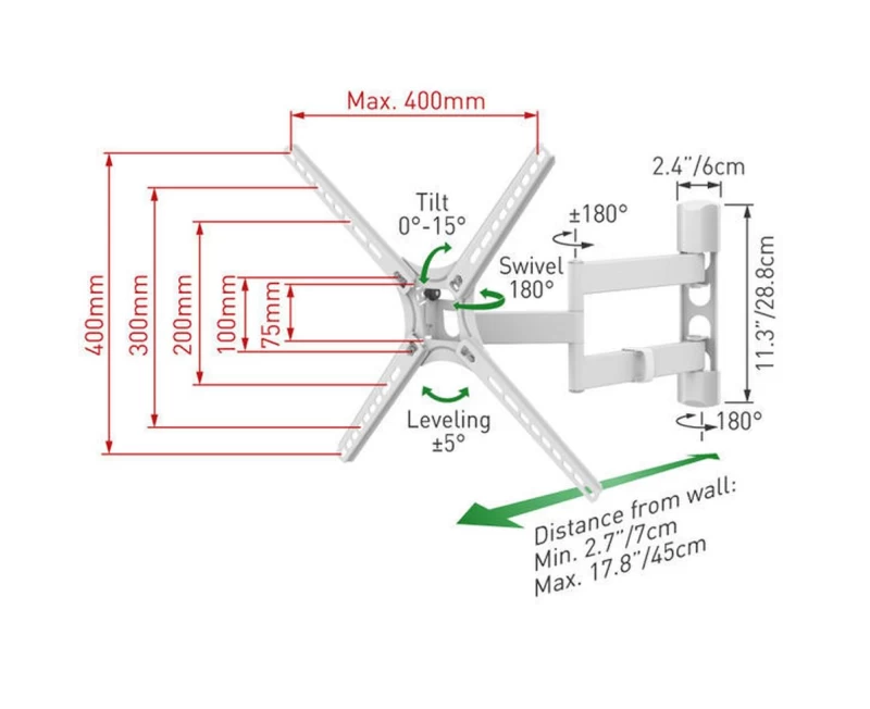 Barkan 3400W.W Βάση Τηλεόρασης Τοίχου 13'' - 65'' με Βραχίονα και Κλίση Άσπρη (950025)