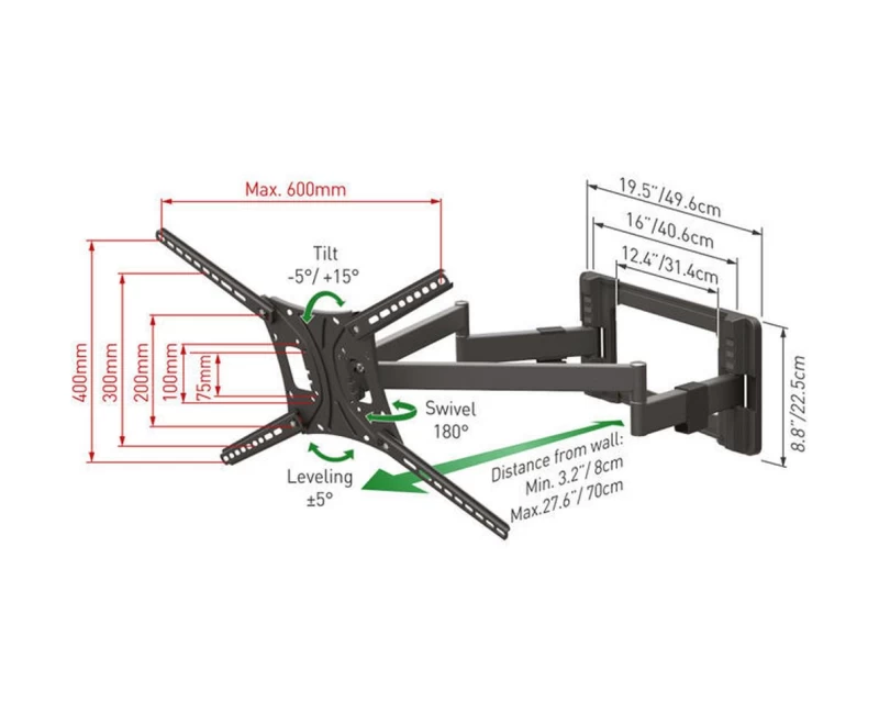 Barkan BM464L Βάση Τηλεόρασης Τοίχου 13'' - 90'' με Διπλό Βραχίονα και Κλίση (950030) 