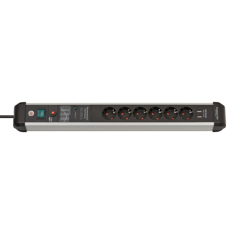 Brennenstuhl Πολύπριζο προστασίας 1391010610 Premium Protect Line 60000A 6 θέσεων 2 USB αλουμινίου με διακόπτη (150140)